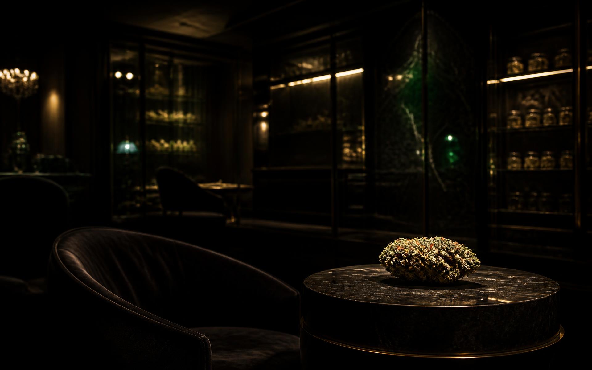 The CannaBoss private members lounge in low gold light